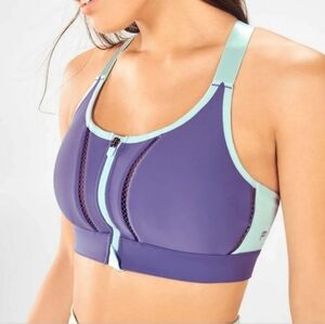 😁Fabletics Zoe High Impact Purple Mint Front Zip Adjustable Straps Sports Bra M